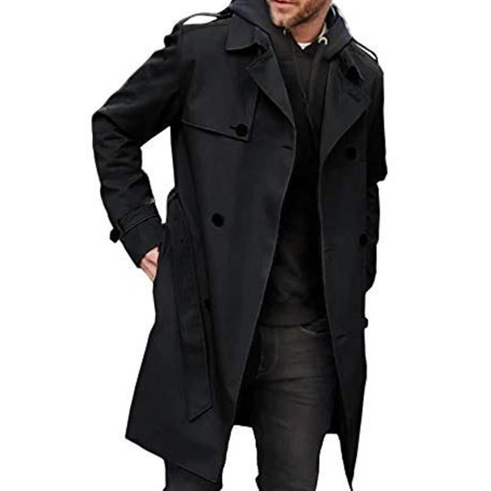 Men's Black Double Breasted Trench Coat Long Sleeve Pockets PC0895 Size XL